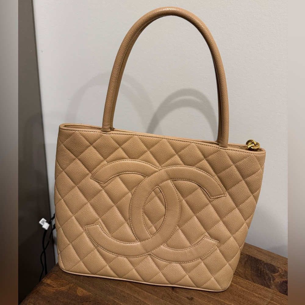 Chanel Tan Quilted Caviar Leather Medallion Tote